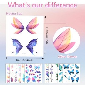 Lot de 100 tatouages temporaires dHalloween pour le visage, 12 feuilles de tatouages à paillettes papillons faux tatouages a