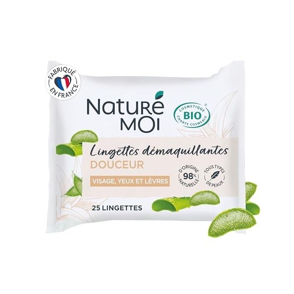 Naturé Moi - Lingettes Démaquillantes - Démaquillant Visage, Yeux et Lèvres - 25 Lingettes en Coton 100% naturel - À lAloe V