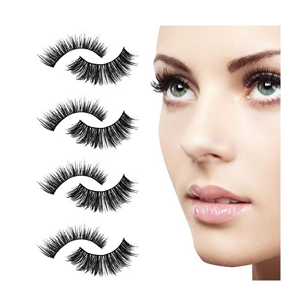 Faux Cils,Faux Cils Naturel,Faux Cils 3D,Faux Cils Avec Colle,4 Paires Faits à la Main épais et Longs Faux Cils épais Réutili