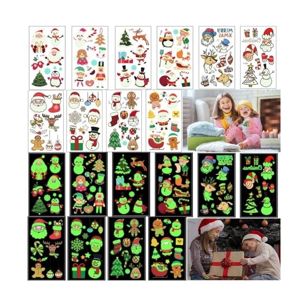 Tatouage temporaire, 10 feuilles autocollant de tatouages ​​temporaires lumineux de Noël, bonhomme de neige Santa Elk Glitter