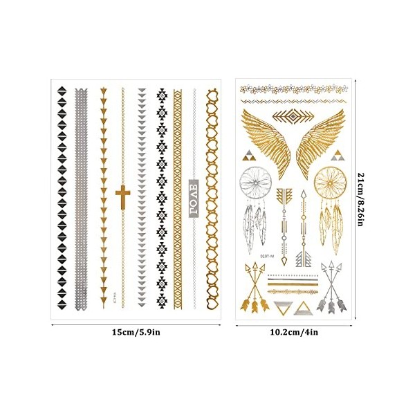 Pinsheng Flash Tattoos 12 Feuilles Tattoo Temporaire Doré Métalliques Étanche Tatouages Autocollants de Tatouage En Métal Tat