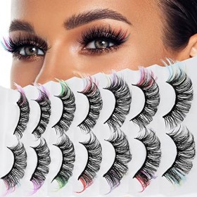 cobee Faux Cils Colorés, 7 Paires Arc en Ciel Fluffy Eye Lashes Wispy Mink Lashes Faux Cils Aspect Naturel Cat Eye Lashes pou