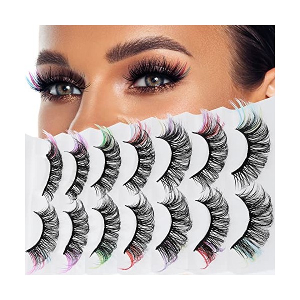 cobee Faux Cils Colorés, 7 Paires Arc en Ciel Fluffy Eye Lashes Wispy Mink Lashes Faux Cils Aspect Naturel Cat Eye Lashes pou