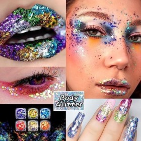 Teekerwan Glow in the Dark Body face Glitter gel, 6 couleurs lumineuses, lumière noire UV auto - adhésive brillant cheveux ép