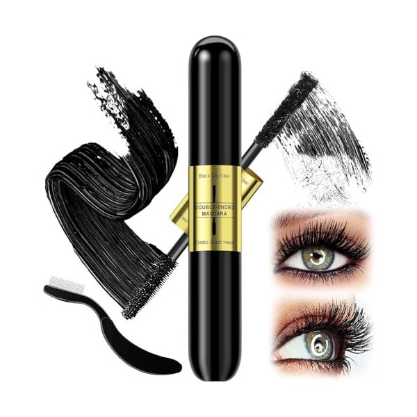 Mascara Effet Faux Cils - Double Extrémité Mascara Waterproof Noir avec Fibres Sèches,Mascara Volume Longue durée à Faux Effe