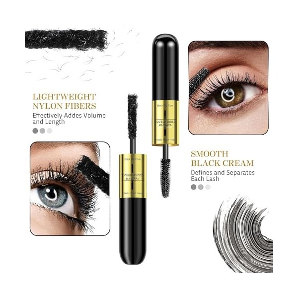 Mascara Effet Faux Cils - Double Extrémité Mascara Waterproof Noir avec Fibres Sèches,Mascara Volume Longue durée à Faux Effe