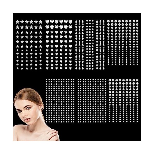 1048 Pcs Strass Visage Auto AdhéSifs, RISVOWO Paillettes Visage, Gemmes Strass Autocollants, Tatouage Paillette pour Visage Y