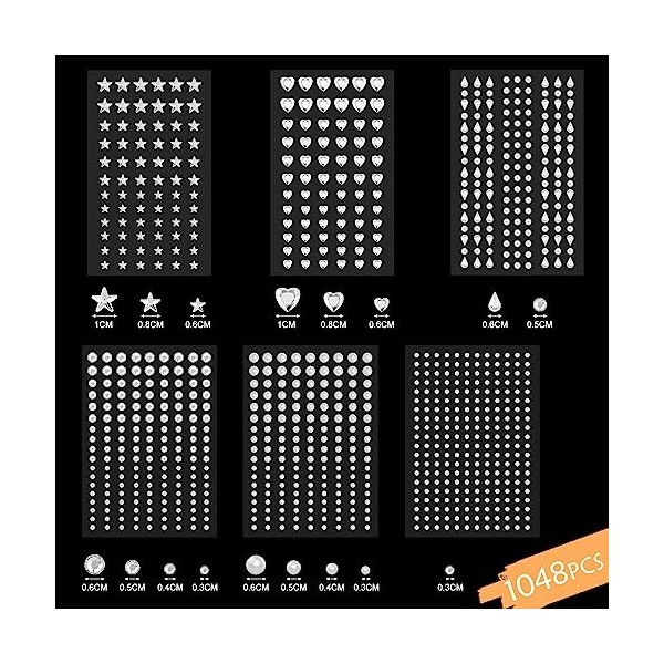 1048 Pcs Strass Visage Auto AdhéSifs, RISVOWO Paillettes Visage, Gemmes Strass Autocollants, Tatouage Paillette pour Visage Y