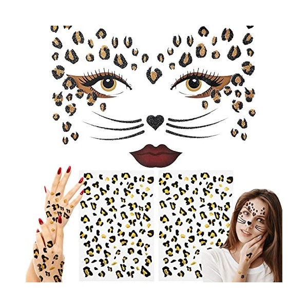 SUGERU® Lot de 3 autocollants pour visage léopard - Accessoire de déguisement de léopard pour femme, tatouage temporaire à pa