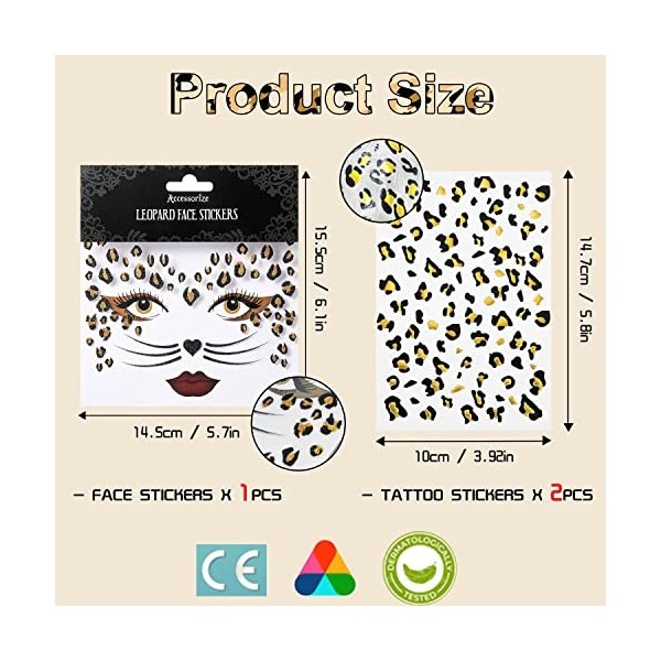 SUGERU® Lot de 3 autocollants pour visage léopard - Accessoire de déguisement de léopard pour femme, tatouage temporaire à pa