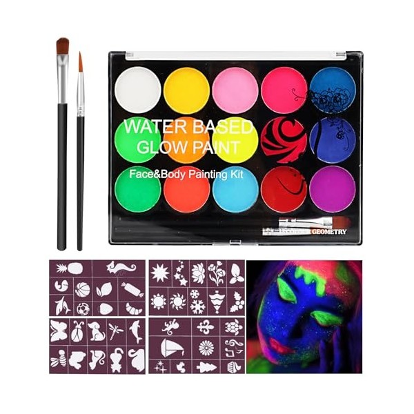 talifoca Peinture Corporelle Lumineux pour Visage Corps, 15 Couleurs Palette de Maquillage Fluo Fluorescents UV pour Enfants 