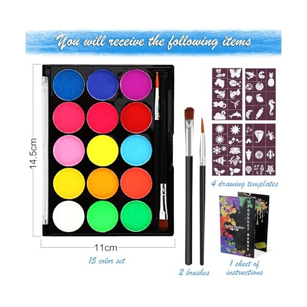 talifoca Peinture Corporelle Lumineux pour Visage Corps, 15 Couleurs Palette de Maquillage Fluo Fluorescents UV pour Enfants 