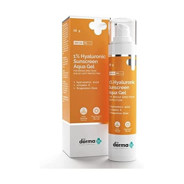 Verem The Derma Co Crème solaire hyaluronique 1 % gel ultra léger avec SPF 50 PA++++ pour large spectre, protection UV A, B e