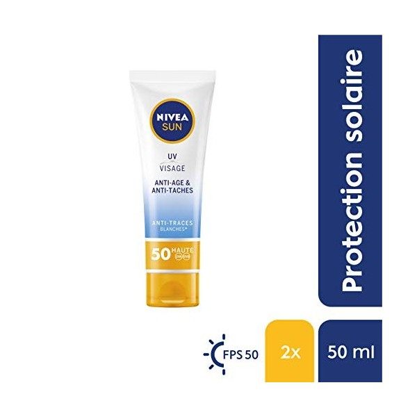 NIVEA SUN Crème visage femme anti-âge & anti-taches FPS 50 2 x 50 ml , crème hydratante visage formule Q10 pour usage quotid