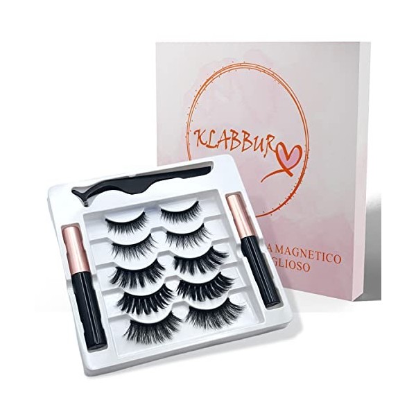 Klabbur Faux Cils Magnetique, 5 paires de styles différents - Faux Cils Avec Colle & Tweezer - Extensions réutilisables, douc