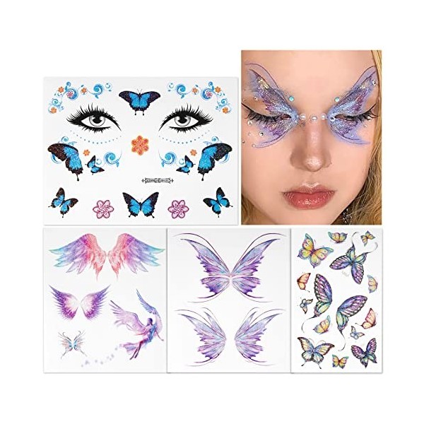 4 Feuilles Tatouages Temporaires Filles Autocollant Sticker Papillon Ailes de Visage Corps Tatouage Personnalisé Décoration B