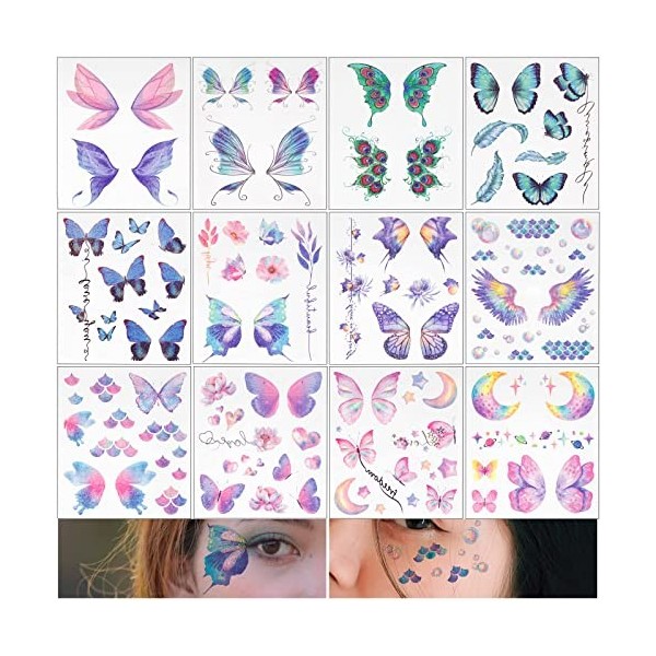 4 Feuilles Tatouages Temporaires Filles Autocollant Sticker Papillon Ailes de Visage Corps Tatouage Personnalisé Décoration B