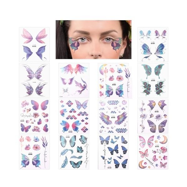 14 Feuilles Halloween Ephemere Temporaires Paillettes Visage, Paillettes Papillon Faux Tatouages Autocollants, pour femme Noë