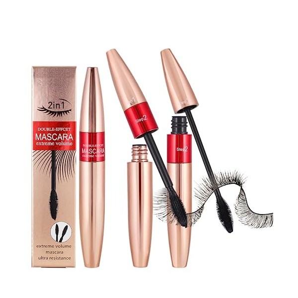 HOUSN Mascara Imperméables, Mascara Longue Tenue, Mascara Volumineux,2 Têtes de Brosse, Mascara 2 en 1 Pour un Effet Allongea