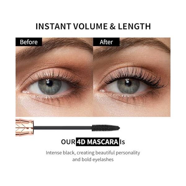 Mascara fibre de soie 4D, Mascara Volume et Longueur, Mascara Waterproof Worth The Hype, Longue DuréE, Naturellement maquilla