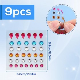 9 feuilles Diamant Visage Maquillage, Autocollants Bijoux Visage Auto-Adhésifs Comprenant des Étoiles, Fleurs, Diamants de Vi