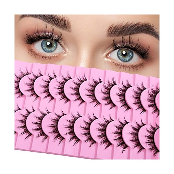 cobee Faux Cils, 10 Paires de Cils Manga Wispy Faux Cils de Vison Aspect Naturel Wispy Anime Lashes Fluffy Spiky Fake Lashes 