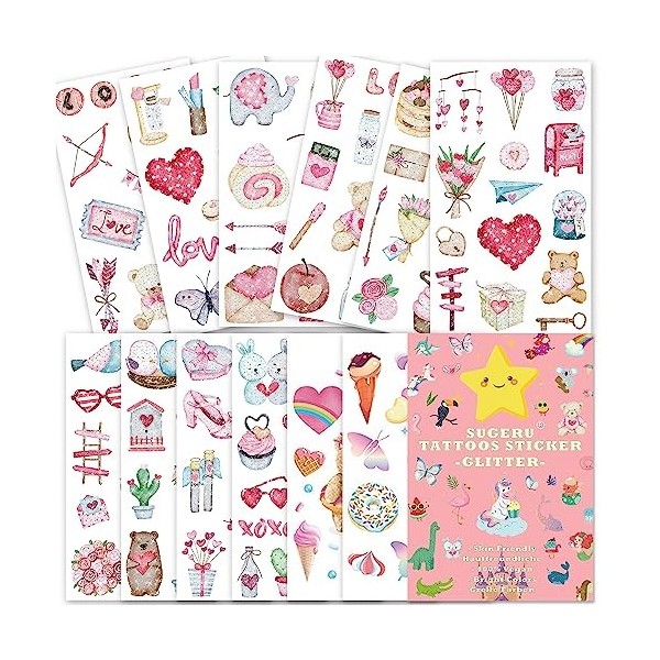 SUGERU® 100+ paillette Tatouage Enfant 12Feuilles ,Doux pour la peau faux Tatouage ephemere enfant fille garçon Cadeau,Pinata