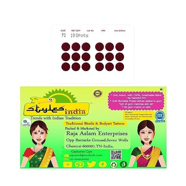 Stylesindia Autocollant Kumkum Spot Bindi Tatouages en tissu respirant nirrite pas la peau, pas de traces de gencives sur la