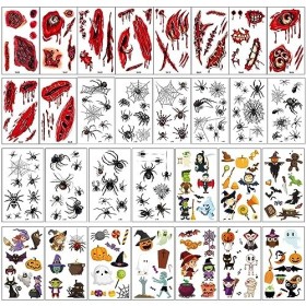 30 Feuilles Halloween Tatouage Temporaires pour Enfants, Citrouille Cicatrice Araignée Imperméable Tatouage Temporaires, Hall