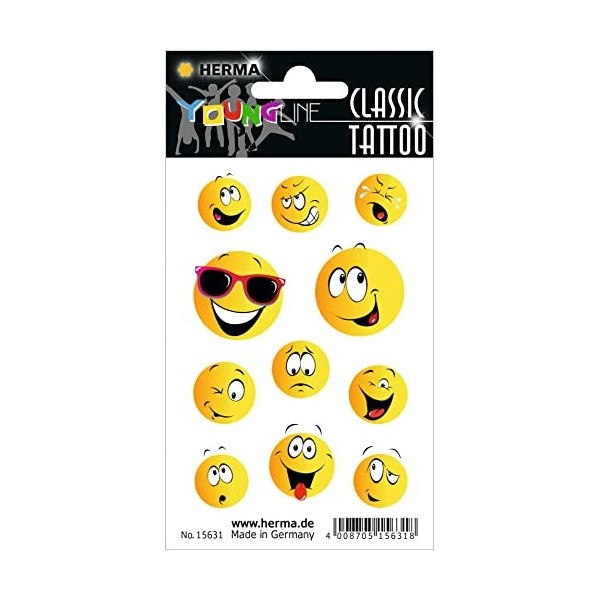 HERMA 15631 Stickers Tatouage Temporaire Enfant Happy Face 11 autocollants, film de transfert Autocollant lavable Motif Tat