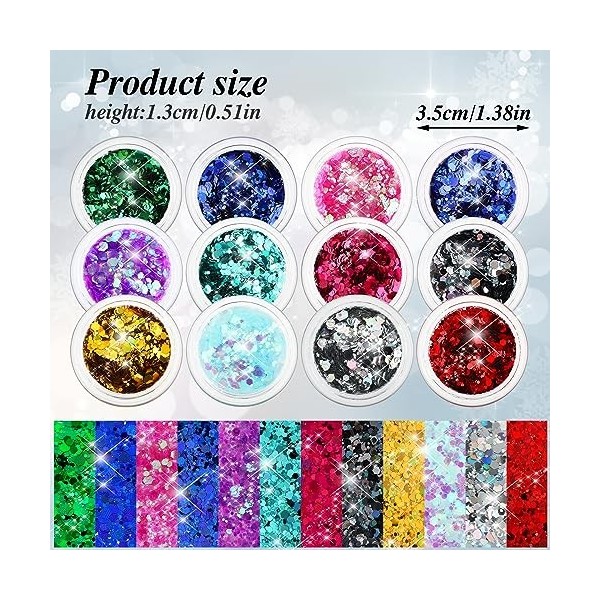 WLLHYF Lot de 12 paillettes multicolores pour le visage et le corps, le visage, les cheveux, les yeux, le maquillage, le nail