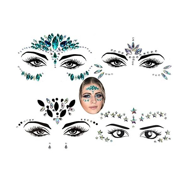 Strass Visage Coachella, 4PCS Strass Autocollant Visage, Strass Visage Festival, Paillettes de Pierres Précieuses pour Le vis