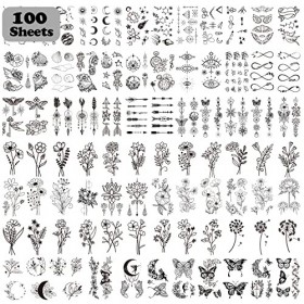 LEADTEAM 100 Feuilles Tatouages Temporaires, Faux Tatouage ImperméAbles Tatoo Temporaire Noires Tatouage Autocollants pour Fe