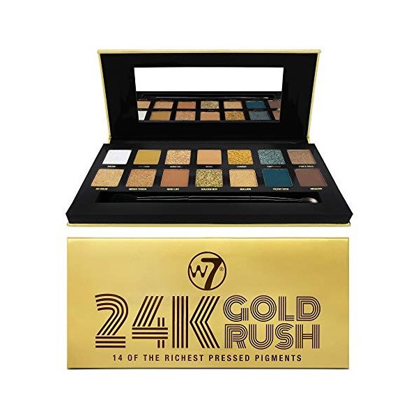 W7 | 24K Gold Rush Palette Maquillage Pigment Pressé| Tonalités : Matte Crémeux, Shimmer Brillants, Glitter & Toppers | Coule