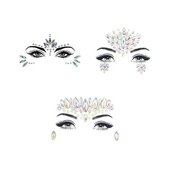 3 Ensembles de Gemmes de visage, Strass Autocollant, Tatouage Temporaire Strass Visage, Tatouage de Bijoux de Visage de Sirèn