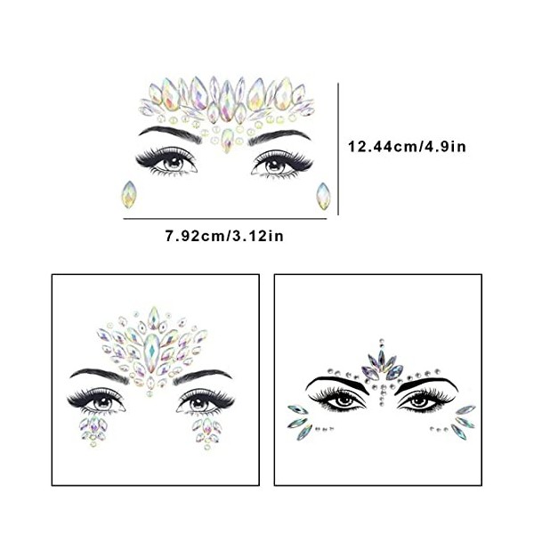 3 Ensembles de Gemmes de visage, Strass Autocollant, Tatouage Temporaire Strass Visage, Tatouage de Bijoux de Visage de Sirèn