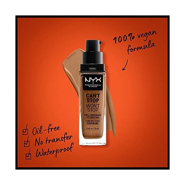 NYX Professional Makeup Fond de Teint Liquide Couvrant Tenue 24h Cant Stop Wont Stop, Waterproof, Fini Mat, Teinte : Honey