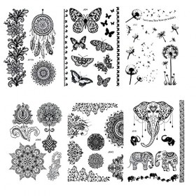 Pinkiou Autocollants de Tatouage Body Art Maquillage Autocollants de Tatouage Temporaire Dentelle Noire Fleur Éléphant Faux A