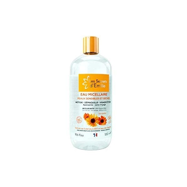 Les Secrets dEmilie Eau Micellaire Bio Peaux Sensibles et Sèches Calendula 530ml Vegan pour Rougeurs et Couperose, Peau Sens