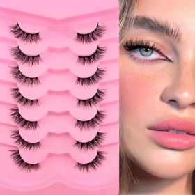 Lot de 7 paires de demi cils, œil de chat, 12 mm, aspect naturel, 1/2 coin, cils dangle 3/4, réutilisables, légers et de maq