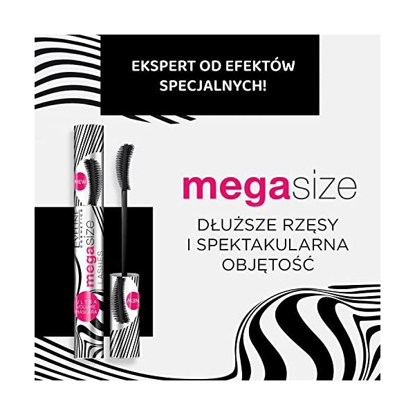 Eveline Cosmetics Mascara Mega Size Lashes, allongeant et épaississant, 10 ml, Noir