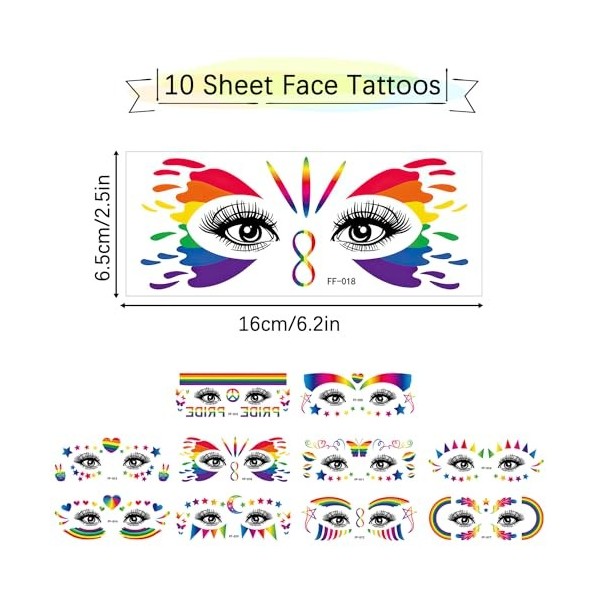 10 feuilles de tatouages temporaires de fierté autocollants de fierté autocollants de visage LGBTQ tatouages temporaires arc-