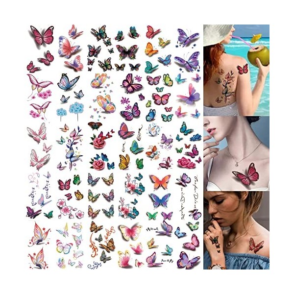 TAKUZA Tatouages temporaires 3D Tatouage de la peau Imperméable Coloré Tatouage Papillon 30 Feuilles Autocollants Tatouage Pa