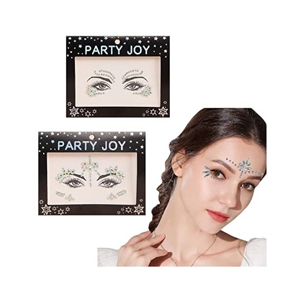 2PCS Strass Visage,Tatouages Temporaires pour le Corps Auto-adhésif,Idéal pour les fêtes danniversaire, les galas, etc