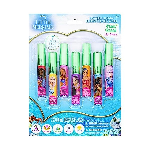 Townley Girl La Petite Sirène de Disney Super Sparkly Lot de 7 brillants à lèvres à base de plantes pour filles, enfants, rel