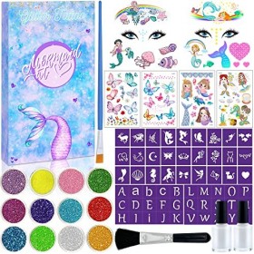 Lubibi Kit de Tatouages Paillettes,Tatouage Temporaire pour Enfants, Avec Tatouage Sirène Papillon,Paillettes 12 Couleurs,Poc