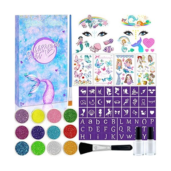 Lubibi Kit de Tatouages Paillettes,Tatouage Temporaire pour Enfants, Avec Tatouage Sirène Papillon,Paillettes 12 Couleurs,Poc