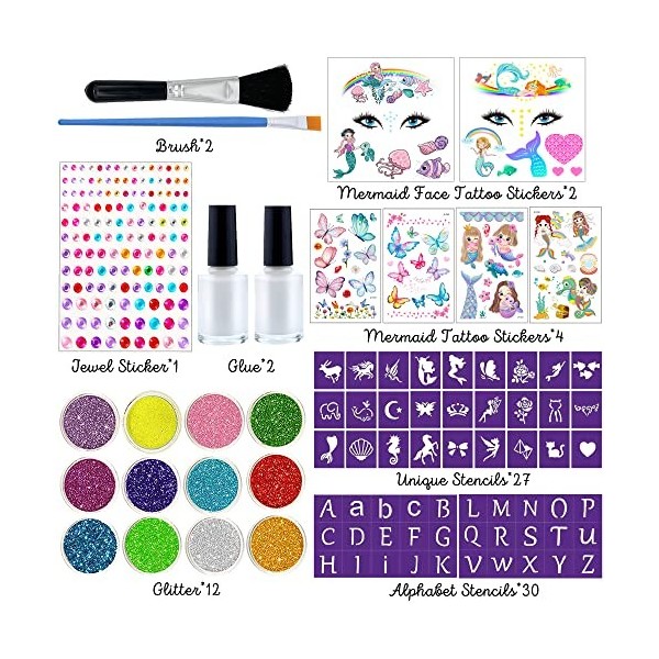 Lubibi Kit de Tatouages Paillettes,Tatouage Temporaire pour Enfants, Avec Tatouage Sirène Papillon,Paillettes 12 Couleurs,Poc