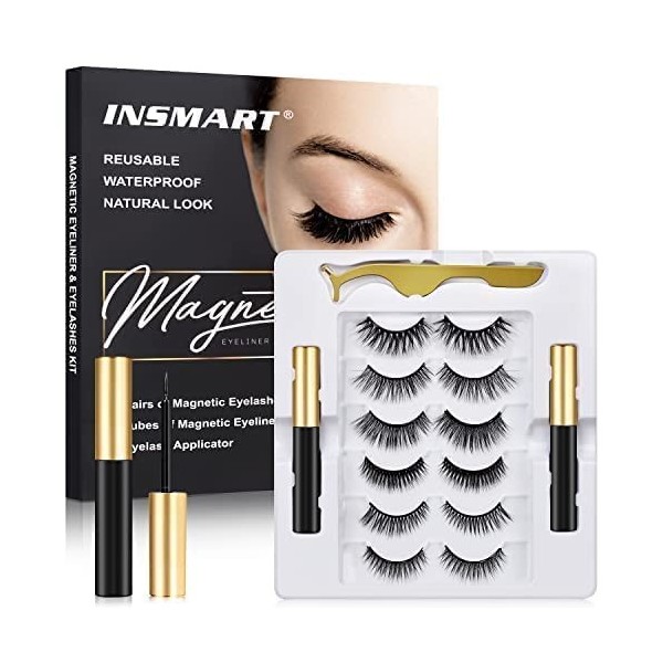 Faux Cils, INSMART 6 Paires Avec 2 Tubes De Eyeliner Magnétique, Réutilisables Kit Cils Magnétiques 3D 5D Avec Pince à Épiler