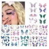 Kinretixia® 14 Feuilles Paillettes Papillons Tatouages Temporaires Autocollants pour Femmes et Filles Yeux Visage Maquillage 